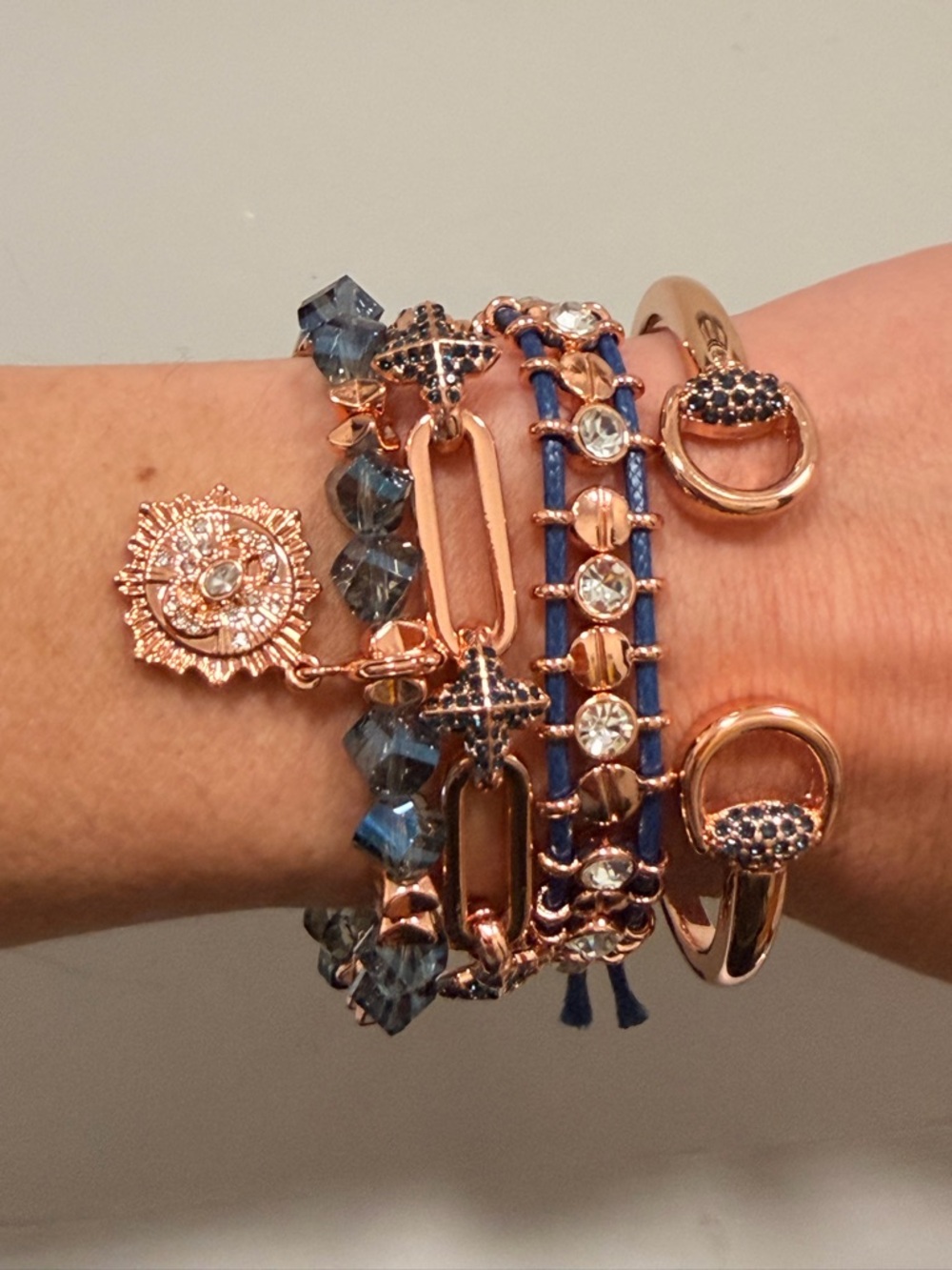Bomb Party NWOT! Rose Gold Bracelet Stack with Blue Crystal Accents